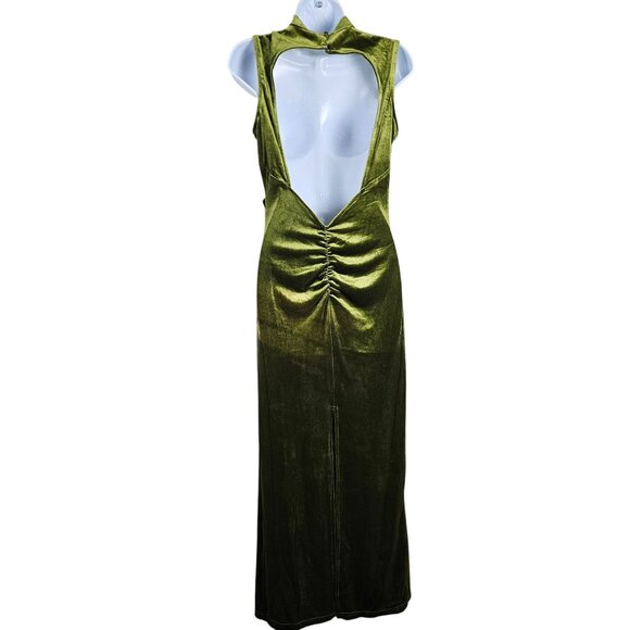 Capuffy Womens Bodycon Size 8-10 Olive Green Velvet Backless Midi Dress - Picture 6 of 12